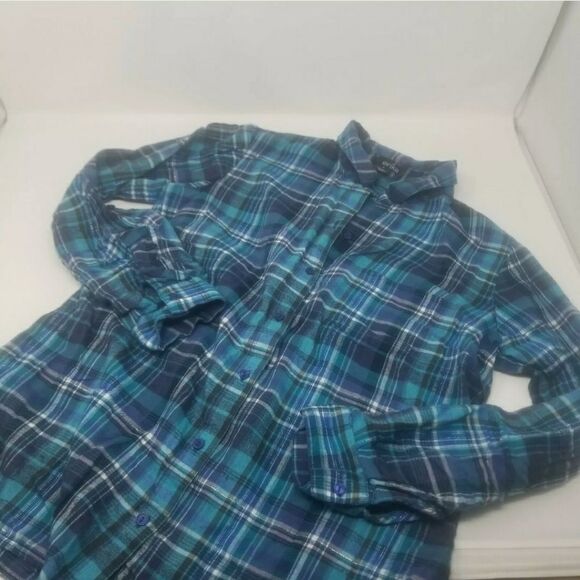 Erika Blue and Silver Plaid Button Up Cotton Flannel Women's Size Small - Picture 6 of 7